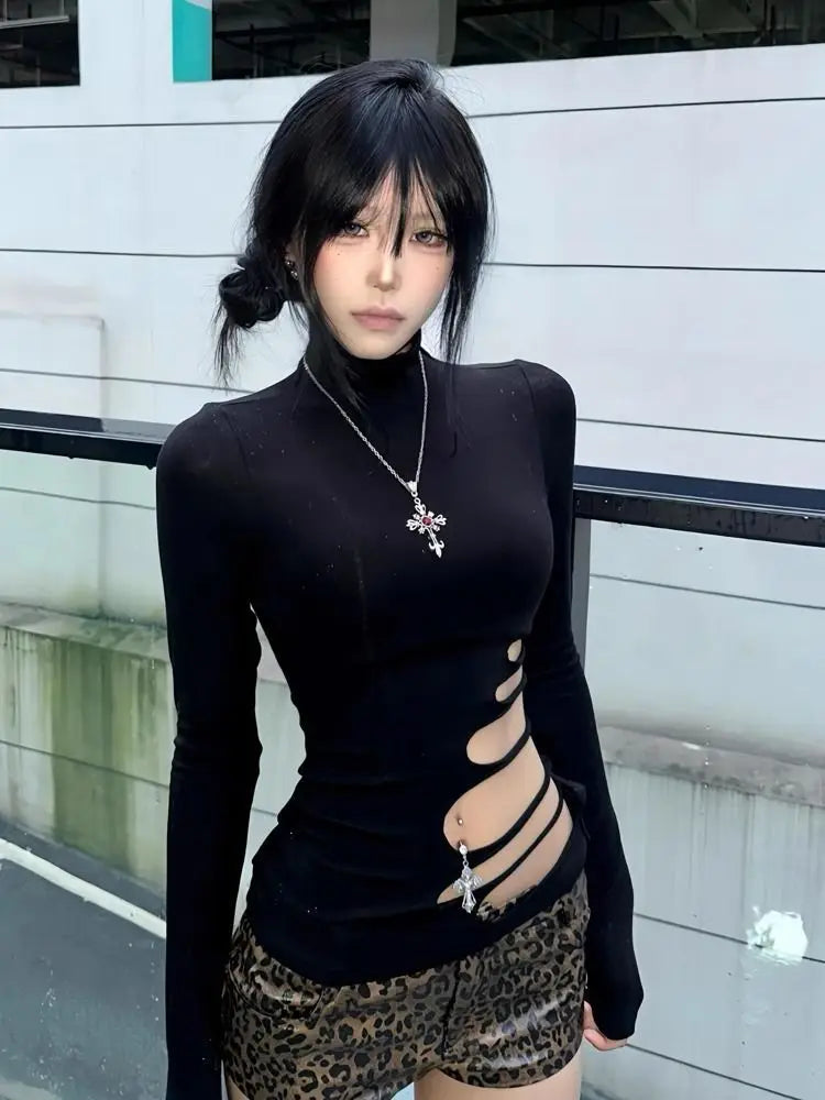 Erwofeina Hotsweet T-shirt Hollow Out Slim Long Sleeve 2000s Clothes Y2k Korean Fashion Woman Clothing Turtleneck Chic  Tops