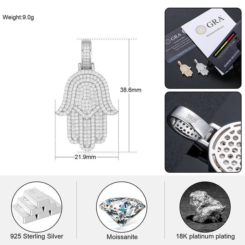 New Moissanite Iced Out Bling Hamsa Hands Pendants Necklaces S925 Silver Charm For Men Women Hip Hop Jewelry Passed Diamond Test
