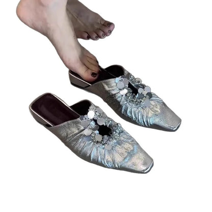 Women Mules Shoes Bling Flats Square Toe Slippers Elegant New 2025 Summer Sandals Dress Party Luxury Woman Slingback Shoes Mujer