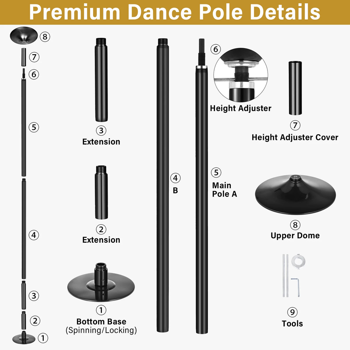 Dance Pole Static Dancing Pole, Portable Removable Training Dance Pole for Home Club Bar Gym, 7-9Ft Height Adjustable & Weight Capacity 500lb