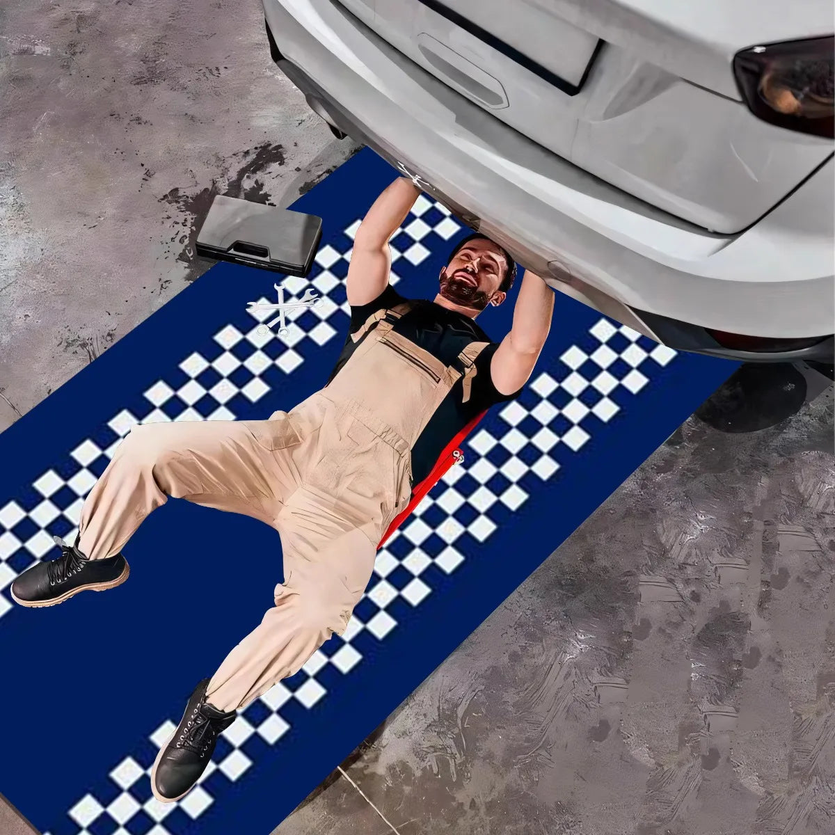 VIKAMA Blue Motorcycle Track Rug Racing Pattern Anti-Fouling Mat Non-Slip Garage Floor Mat Sports Style Car Repair Pad