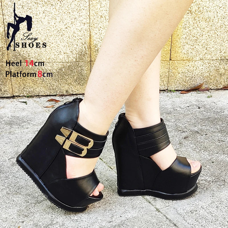 Casual Wedges Thick Platform Sandals 2024 New Women Stage Performance High Heels 14CM Summer Cross-dressing Shoes With Zipper