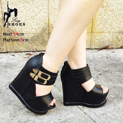 Casual Wedges Thick Platform Sandals 2024 New Women Stage Performance High Heels 14CM Summer Cross-dressing Shoes With Zipper