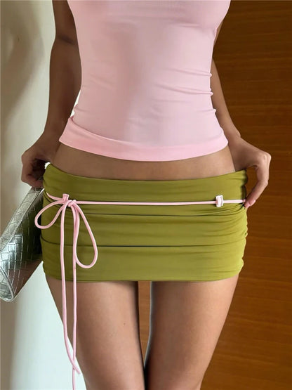 Kliou Contrast Patchwork 2 Piece Set Woman Summer Trend Low-Neck Backless Camisole Tops+Bandage Tassel Mini Skirt Y2K Style Suit