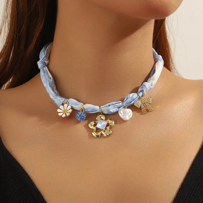 European and American Cross-Border Summer Scarf Necklace with Premium Feel, Multi-Pendant Pearl, Versatile, Light Luxury Silk Sc