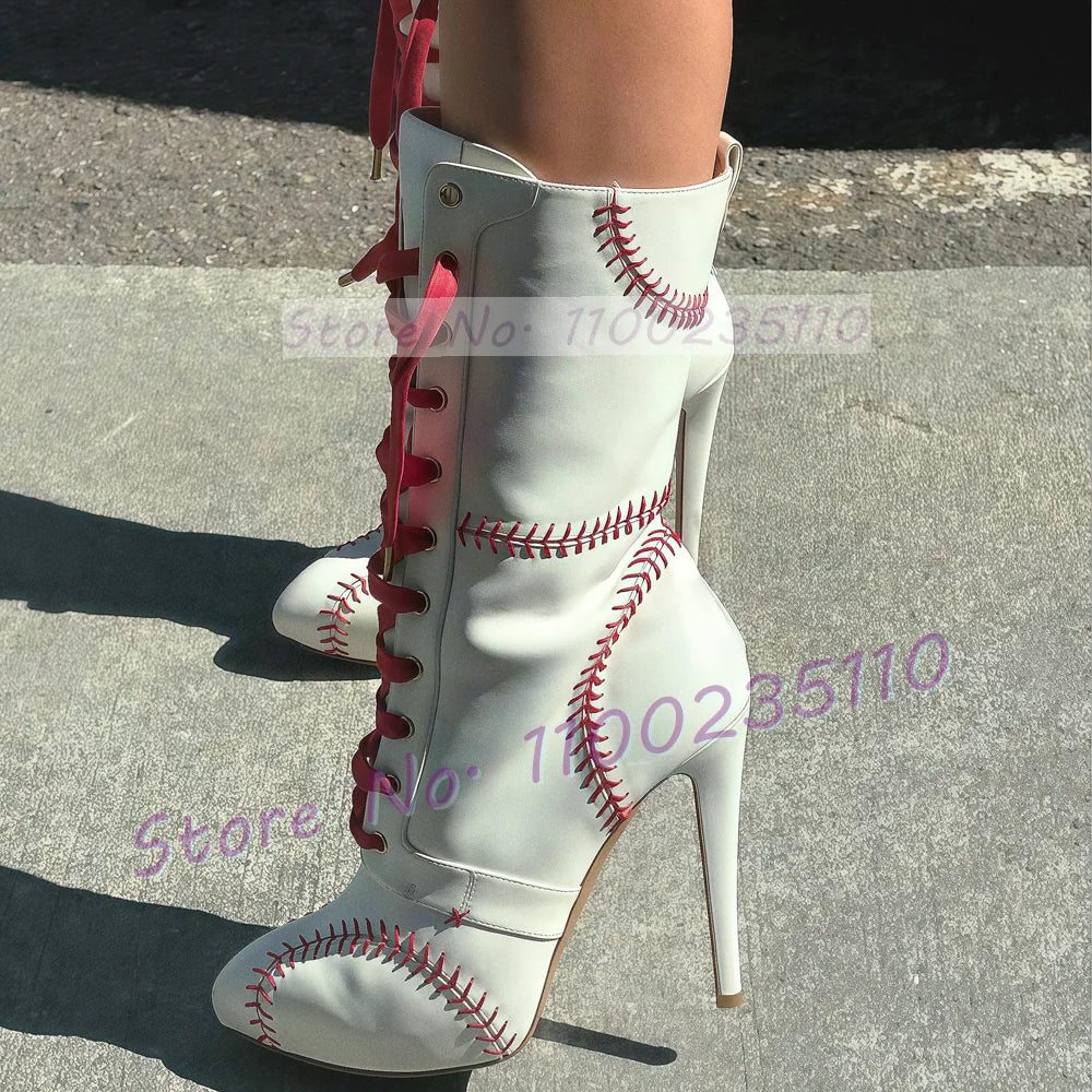 Baseball Sewing Design Stiletto Ankle Boots Women Round Toe Stylish White High Heel Boots Two Tone Splicing Cross Tied Shoes