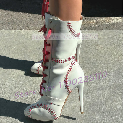 Baseball Sewing Design Stiletto Ankle Boots Women Round Toe Stylish White High Heel Boots Two Tone Splicing Cross Tied Shoes