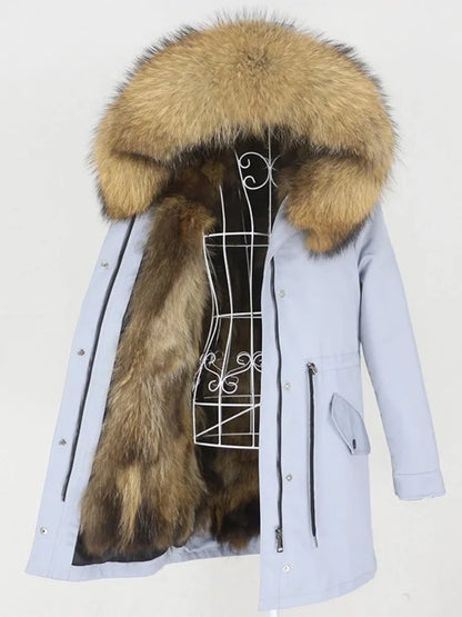 Real Fur Coat Winter Jacket Women Long Parka Waterproof Big Natural Raccoon Fur Collar Hood Thick Warm Real Fox Fur Liner coat