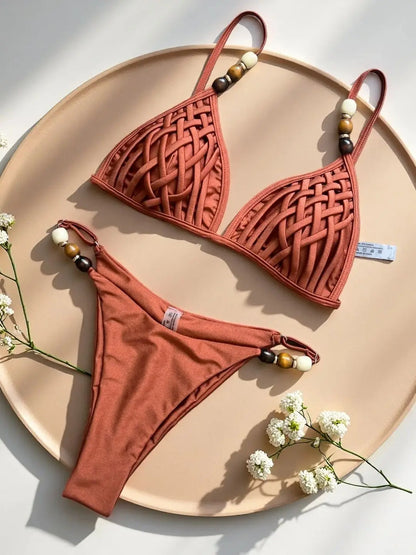 Sexy Brown Bikini Set 2026 Women Pearls Strap Hole Out Push Up Bra Thong Swimsuit Brazilian Beach Bathing Suit Micro Swimwear