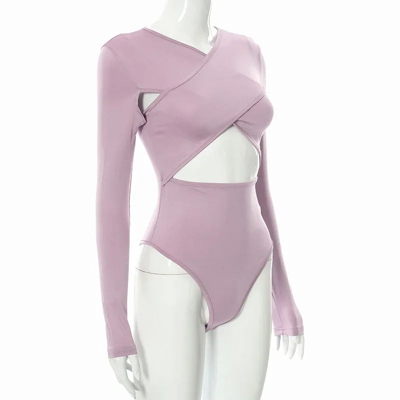 Summer New Women's Jumpsuit Solid Color Cross Hollow Long Sleeve Revealed Waist Slimming Smooths Your Silhouette