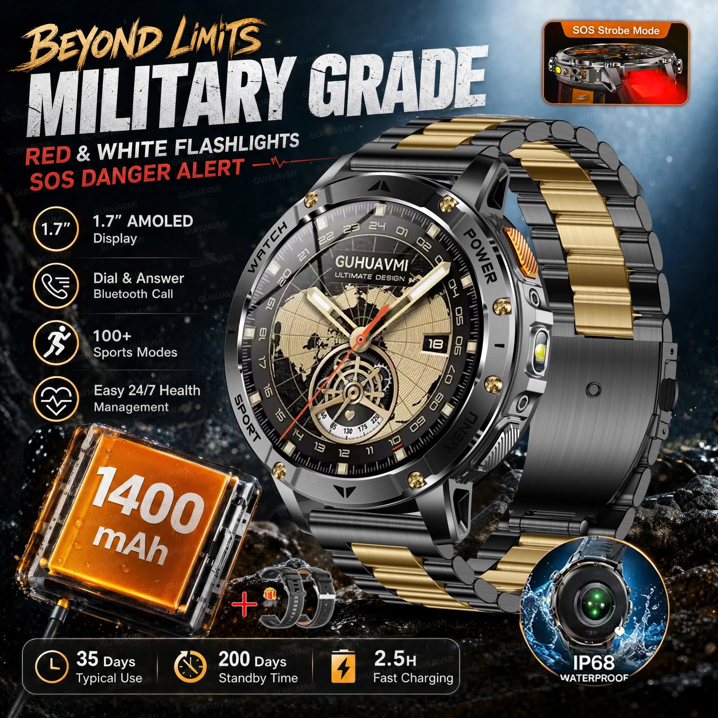 TANK Ultra Outdoor Smartwatch 1400mAh Battery Military Watches Waterproof Two-color Tactical LED Flashlight Men Sports Bracelet
