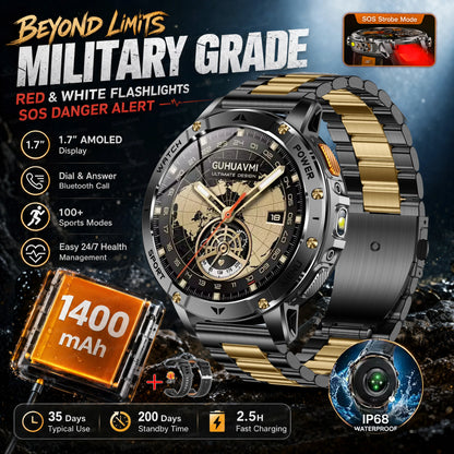 TANK Ultra Outdoor Smartwatch 1400mAh Battery Military Watches Waterproof Two-color Tactical LED Flashlight Men Sports Bracelet