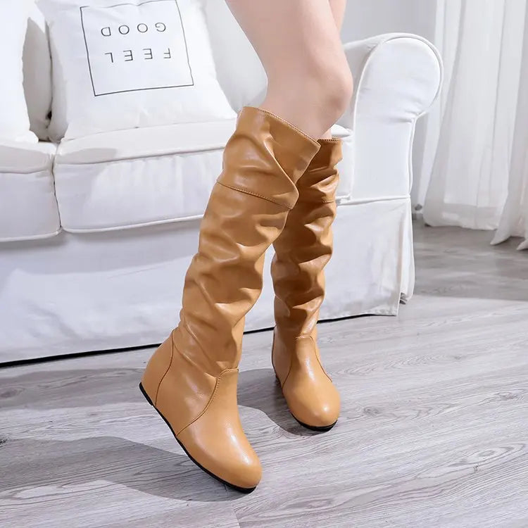2025 New Women Flat Boots Fashion Pleated Leather Boots Autumn Winter Slip on Mid-Calf Shoes for Women Brand Designer High Boots