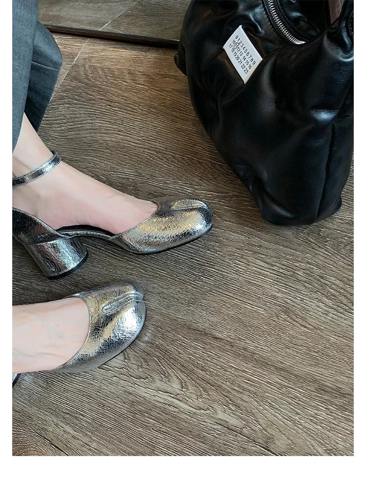 Modern Heels Pumps Women Round High Heel Leather Square Split Toe Pumps Shoes Spring Summer Sandals Mary Janes Shoes Heels Women