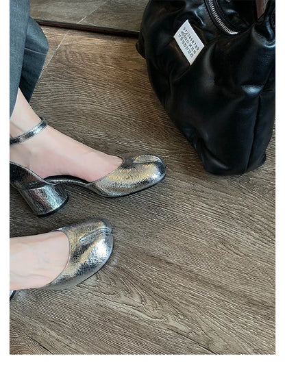 Modern Heels Pumps Women Round High Heel Leather Square Split Toe Pumps Shoes Spring Summer Sandals Mary Janes Shoes Heels Women