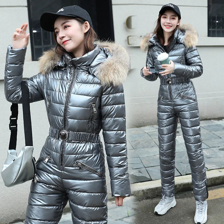 Jumpsuits One Piece Ski Suit Winter Thicken Snow Place Down Cotton Women Suits Warm Hooded Waist Slim Shiny Outdoor Sports
