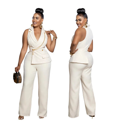 CMYAYA Elegant Womenv-neck High Waist Straight Sleeveless Blazer Jumpsuits 2024 Fall Street Chain Office Lady Party Rompers