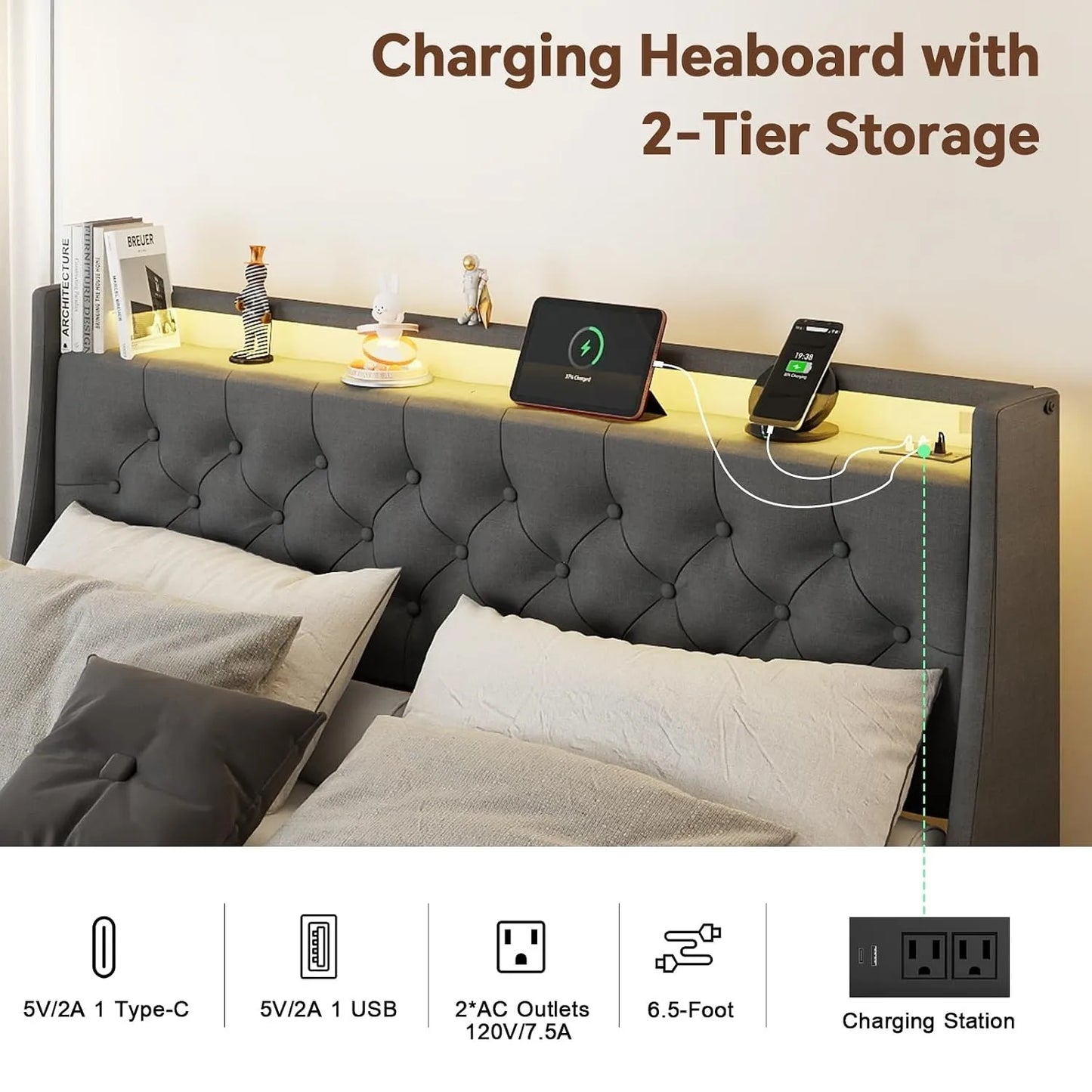 Queen Upholstered Bed Frame 4 Storage Drawers LED Lights USB Charging Headboard, Custom