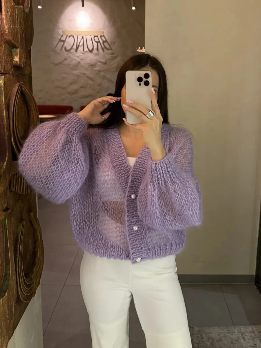 Women Knitting Cardigan 2026 New Women Mohair Knit Cardigan Hollow Out Sheer Long Sleeve Casual Knitted Outerwear Sweater
