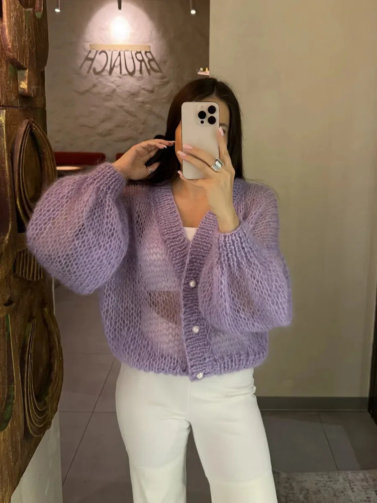 Women Knitting Cardigan 2026 New Women Mohair Knit Cardigan Hollow Out Sheer Long Sleeve Casual Knitted Outerwear Sweater
