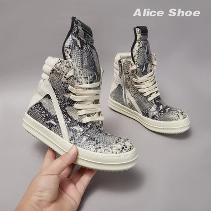 Brand Men Ankle Boot Casual Leather High Top Women Sneaker Python-Embossed Flat Luxury Trainer Designer Platform Grey Flat Shoe