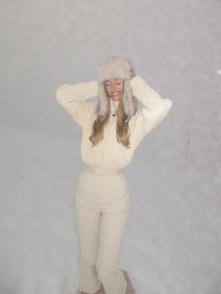 Fashion Women's Ski Jumpsuit High Neck Full Sleeve Knit Patchwork Straight Warm Thick Female Jumpsuits 2026 Winter Lady Skiwear