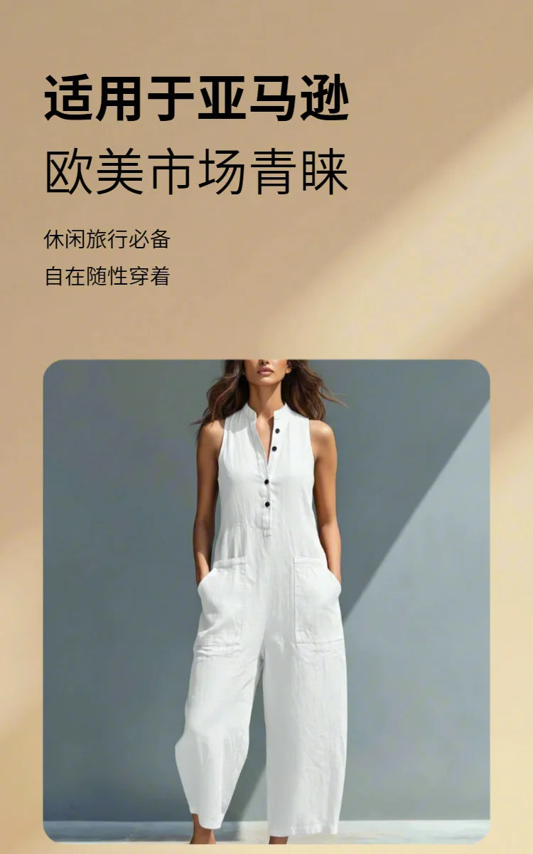 Cotton And Linen Jumpsuit Women Stand Collar Sleeveless Pocket High Waist Wide Legs Jumpsuits Casual Commuting Ladies Bodysuits
