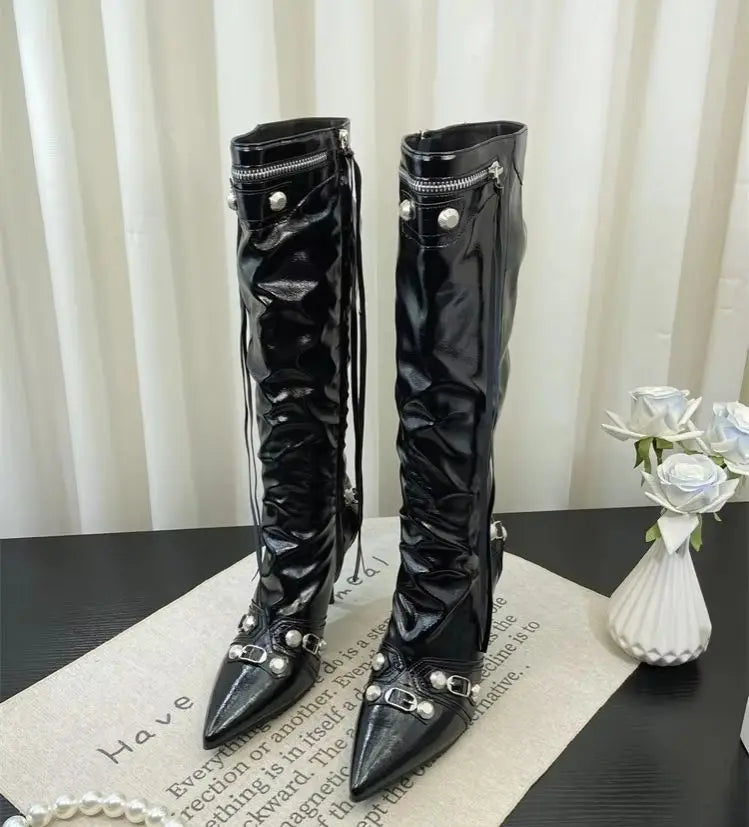 ZAROY Thin High Heels Knee-high Boots Women Winter Shoes Designer Tassels Rivet Side Zippers Sexy Pointed Toe Punk Long Booties