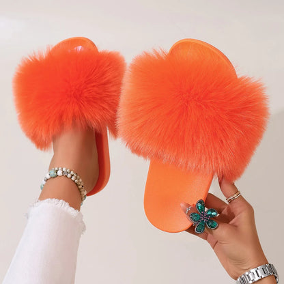 Fashion Fox Fur Slides Women Luxury Designer Summer Sandals Ladies Furry Lazy Slippers Fluffy Flip Flops Shoes Plus Size Shoes