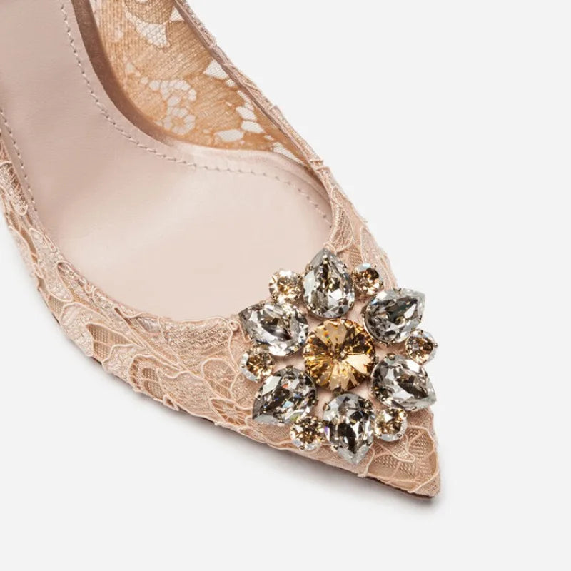 Mesh lace high-heeled shallow mouth shoes 2026 new pointed crystal buckle slim heel fashionable banquet women's single shoes