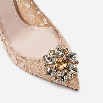 Mesh lace high-heeled shallow mouth shoes 2026 new pointed crystal buckle slim heel fashionable banquet women's single shoes