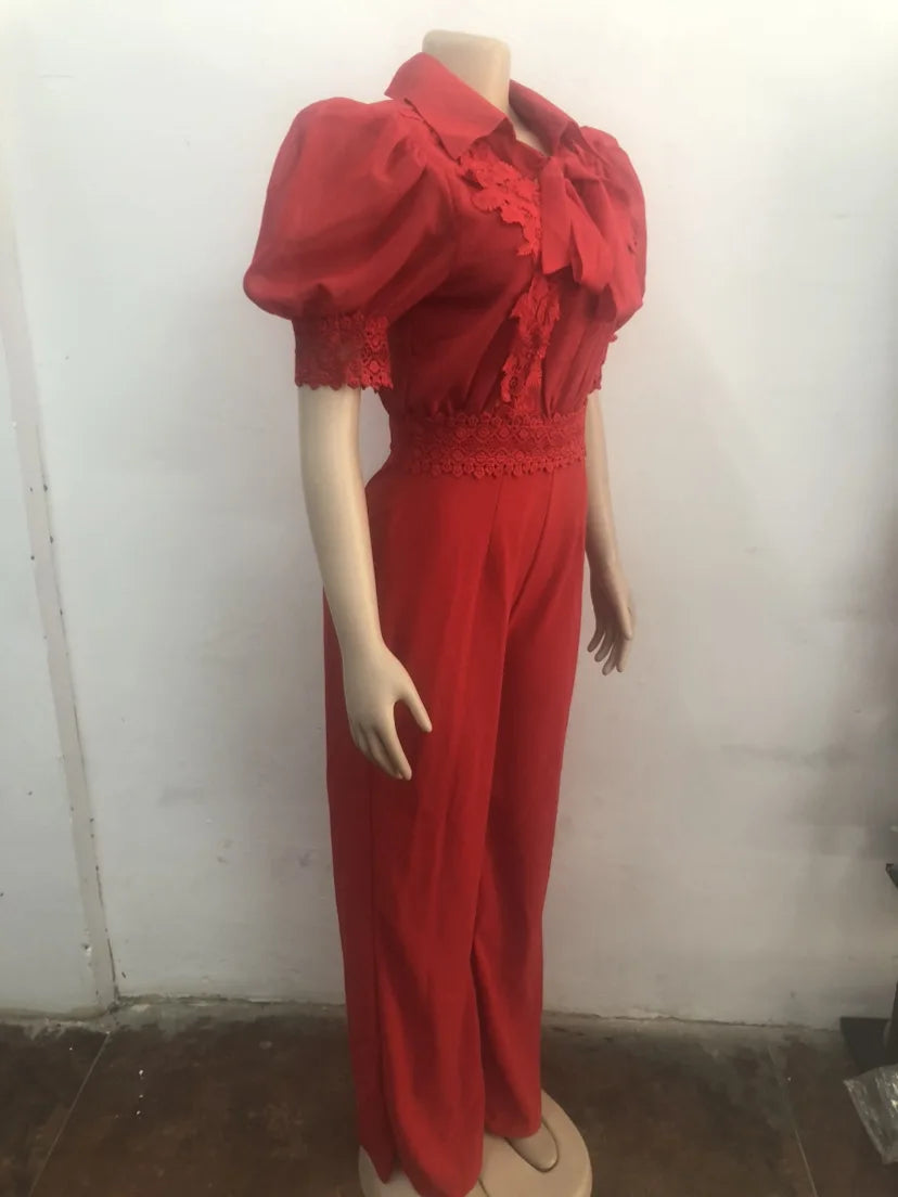 Patchwork Wide Leg Party Jumpsuit Sexy Women Turn Down Collar Elegant Lace Night Club Romper Overalls