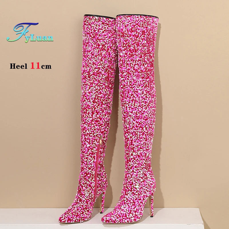 Over-the-Knee Boots for Women Pink Sequins Point Toe Boots Thin High-heeled Purple Thigh Long Boots Sexy Zip Heels Stiletto Shoe