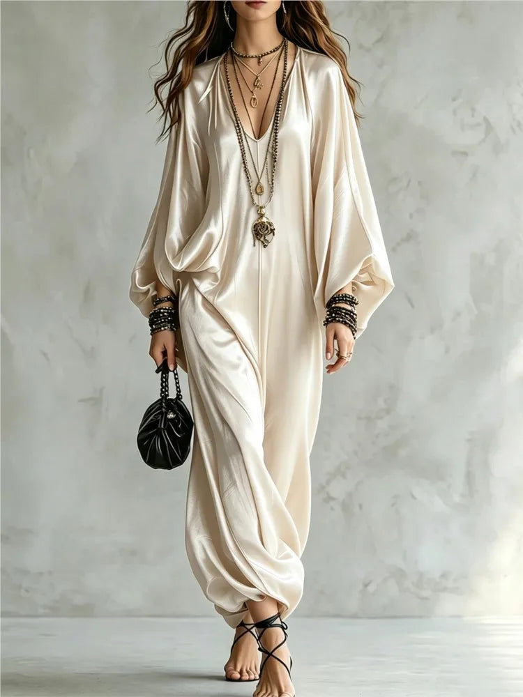 New Spring Autumn Solid V Neck Batwing Sleeve Loose Jumpsuit Women Fashion Satin Wide Leg Pants Jumpsuits Casual Holiday Rompers