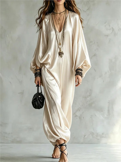 New Spring Autumn Solid V Neck Batwing Sleeve Loose Jumpsuit Women Fashion Satin Wide Leg Pants Jumpsuits Casual Holiday Rompers