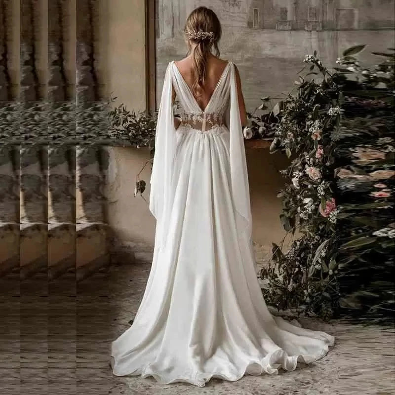 Beach Wedding Dresses Cap Sleeve A-Line Chiffon Appliques Lace Princess Bride Dress Arabic Wedding Gown Vestido De Noiva