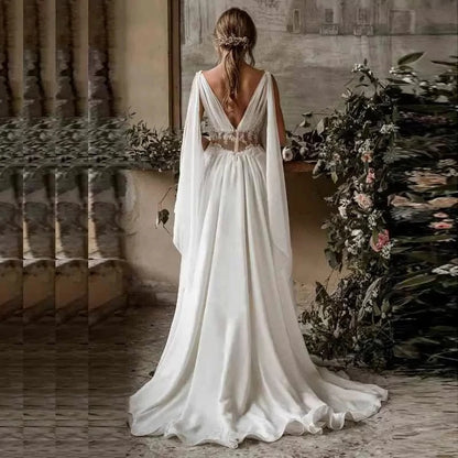 Beach Wedding Dresses Cap Sleeve A-Line Chiffon Appliques Lace Princess Bride Dress Arabic Wedding Gown Vestido De Noiva
