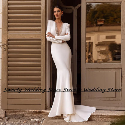 Jiayigong Stretch Jersey Wedding Dresses Customized Long Sleeves Beading Sweep Train Illusion Back Mermaid Bridal Gown