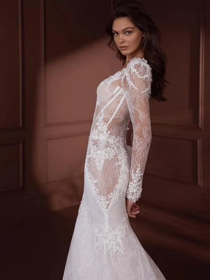 Beaded Wedding Dresses Lace Appliques Backless Lace Up Mermaid Full Sleeve Bride Gowns Luxury vestido de noiva 2026 Customized