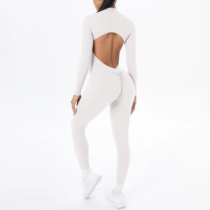 Solid Color Bodysuits for Woman's Backless Long Sleeved Zipper Yoga Jumpsuits High Dtrength Workout Sports Fitness Clothing Set
