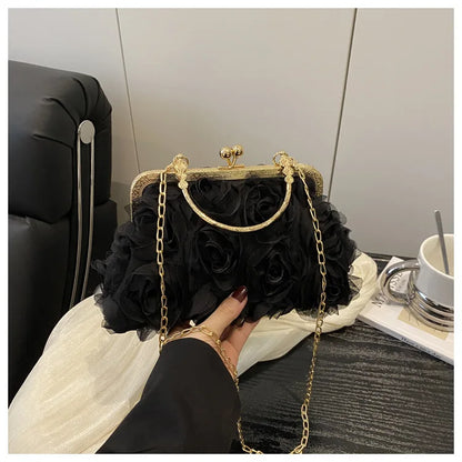 Luxury Women Chain Shoulder Bag Chiffon 3D Flower Banquet Bag Fashion Evening Bags Fashion Clutch Handbag Trendy Crossbody Bag