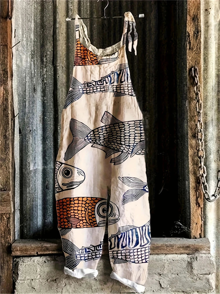 Retro Ladies Fish Print Fashion Suspender Jumpsuit Summer Outdoor Bottom Leisure Suspender Pants Casual Loose Trousers
