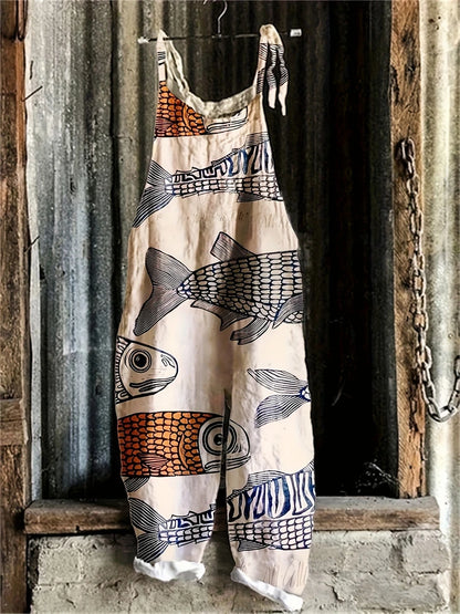Retro Ladies Fish Print Fashion Suspender Jumpsuit Summer Outdoor Bottom Leisure Suspender Pants Casual Loose Trousers