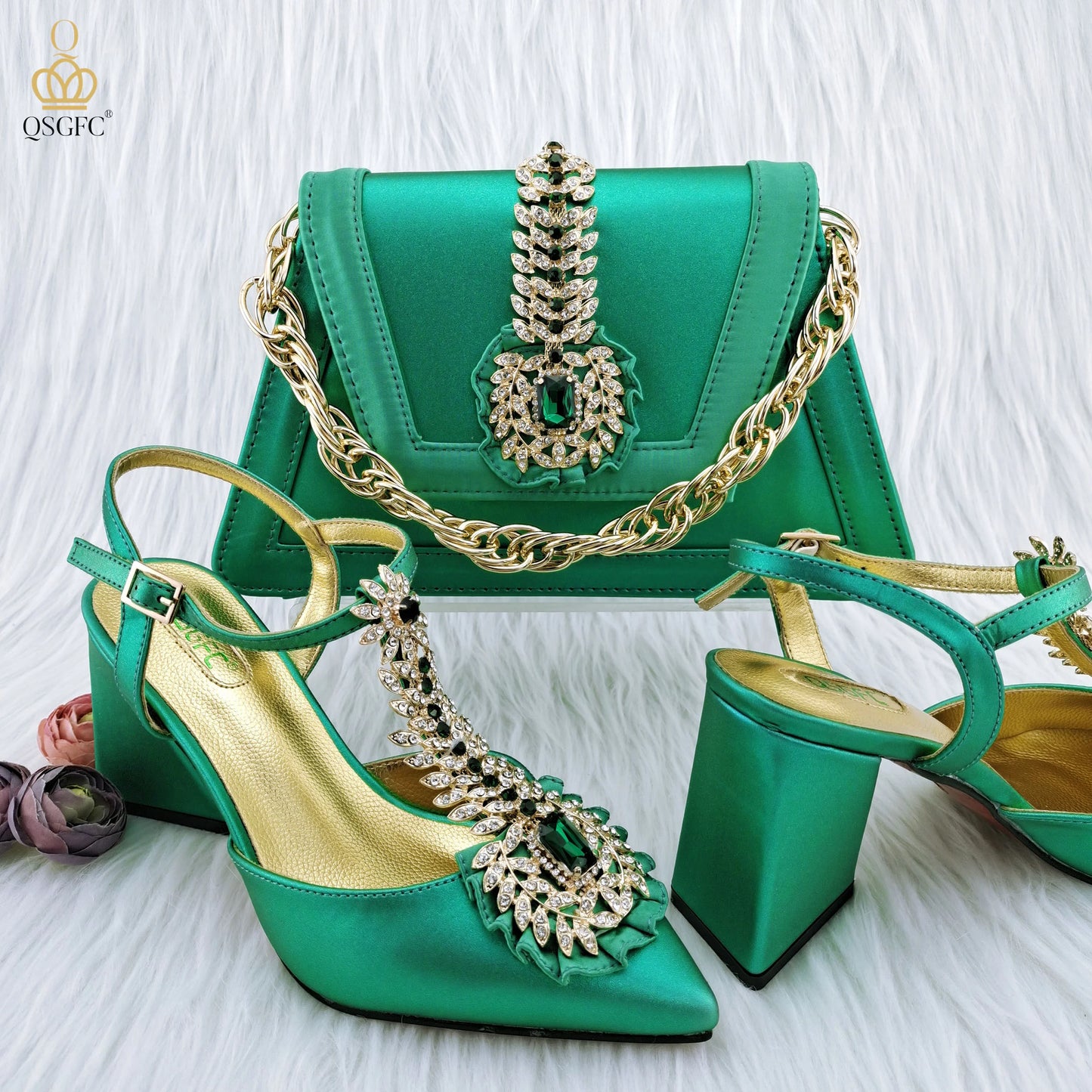 QSGFC Italian Popular Design Royal Blue Noble Three Dimensional Handbag Elegant High Heels African Ladies Shoe Bag Matching Set
