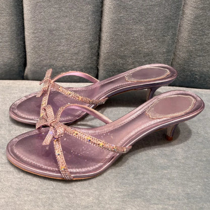 CRYSTAL Bowknot Decorated Kitten Heel Slippers for Women Sexy Round Toe Summer Luxury Sandals Elegant Party Designer Dress Shoes