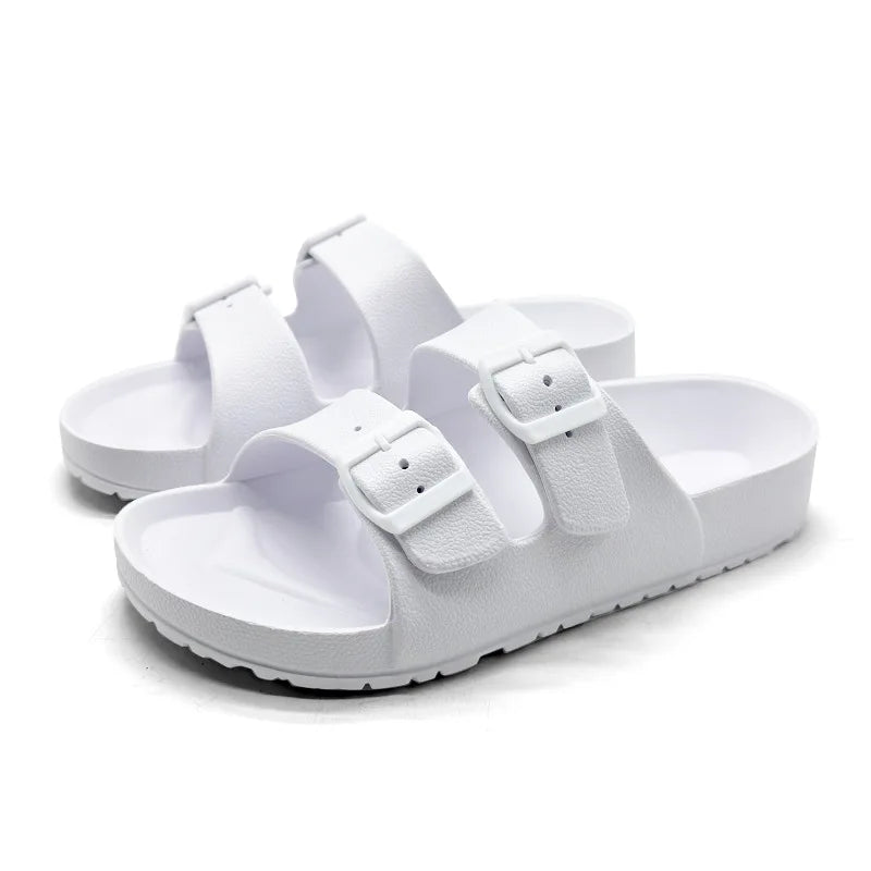 Shevalues Summer Flat Slippers For Women Men 2025 New Thick Sole Sandals With Double Buckle Fashoin Outdoor Antiskid Beach Slide