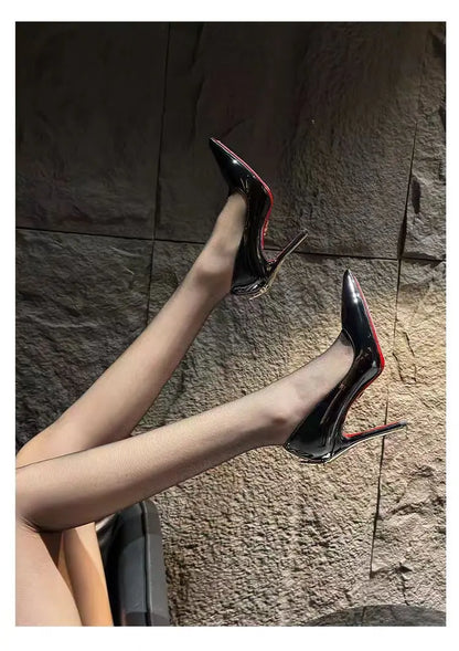 2026 Early New High Heels Women's Fine Heels Pointed Metal Swords Sexy Queen Black Lacquer Leather Single Shoes