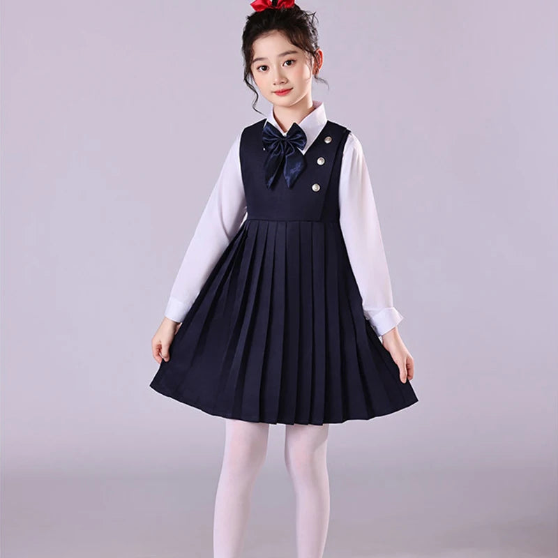 Girls Preppy Style Pleated Jumper Dress Headdress + Bow Tie Pants Suit Children Choir Poetry Performance Fashion School Uniform