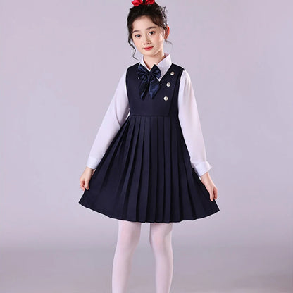 Girls Preppy Style Pleated Jumper Dress Headdress + Bow Tie Pants Suit Children Choir Poetry Performance Fashion School Uniform