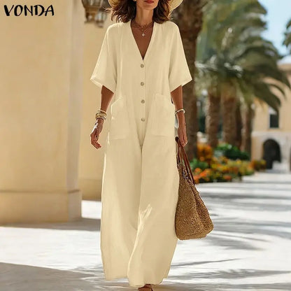 2026 VONDA Women Plus Size Jumpsuits Solid Vintage Overalls Casual Loose Big Pockets Buttons V Neck Party Playsuits Oversized